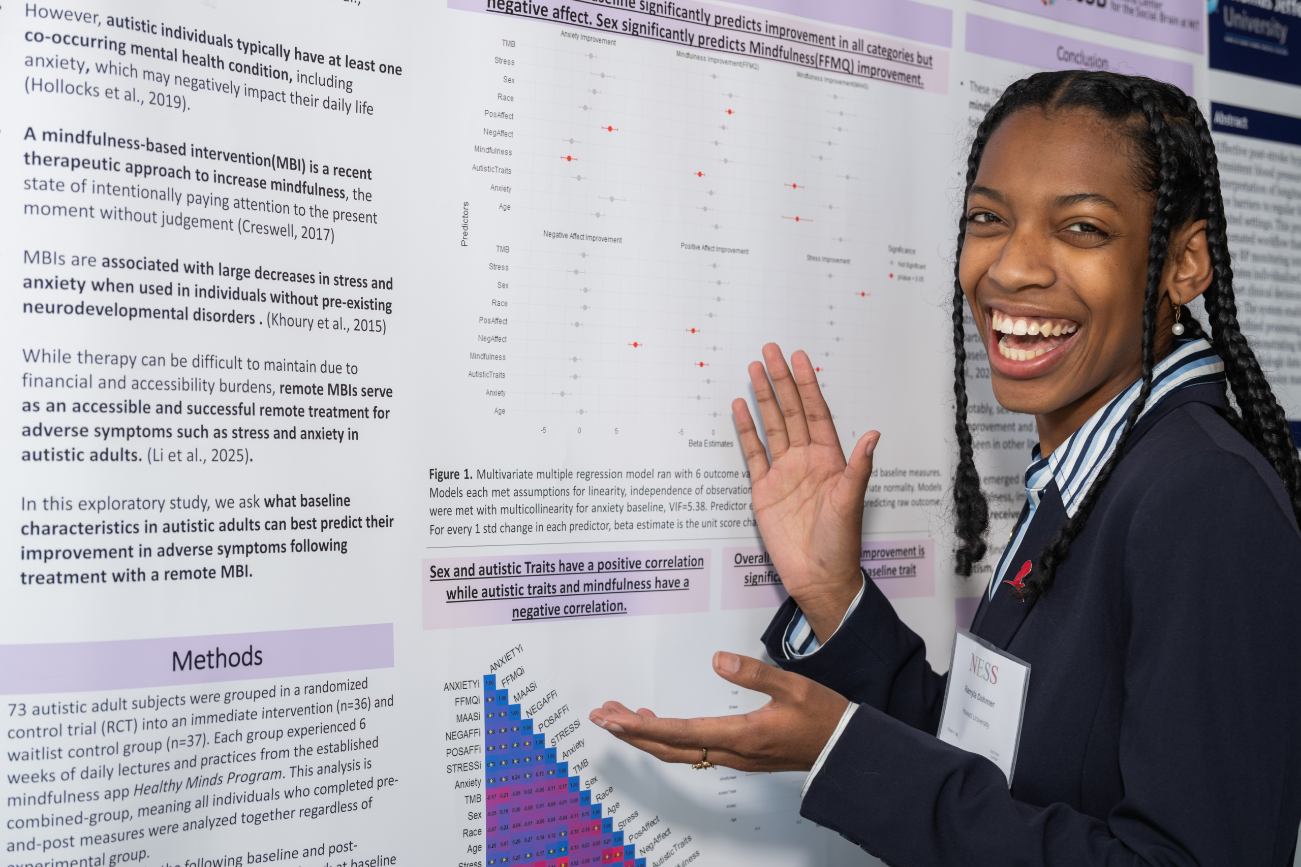student standing with poster presentation showing research